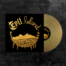 Load image into Gallery viewer, A Metallic Gold LP of “Evil Island - Terraform The Afterlife” (Pre-order) partially in a black sleeve featuring “Evil Island” in gold lettering, gold mountains, barbed wire, and a spiked circle design on a dark, textured background—produced by the legendary Ross Robinson.