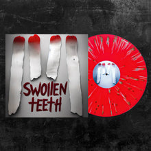 Load image into Gallery viewer, The Swollen Teeth album cover shows four white, red-tipped teeth, features "SWOLLEN TEETH" text, and comes as a Blood Red Vinyl with Silver Splatter—ideal for collectors of this Limited Edition release.