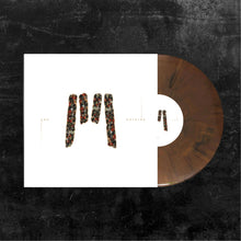 Load image into Gallery viewer, A limited edition Swollen Teeth - Ask Nothing Brown Marble LP (PREORDER) is partially pulled from its white cover, which displays floral shapes like three raised fingers and ASK NOTHING text on a dark textured background.
